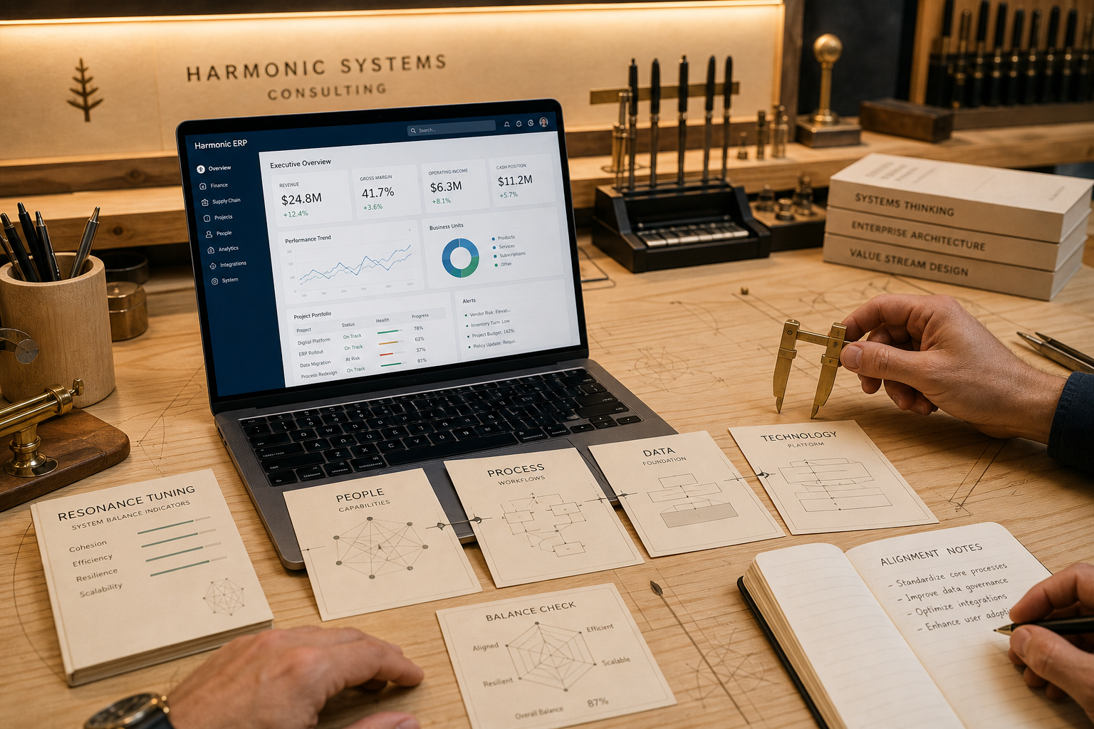 Enterprise software tuning workspace with resonance boards and SaaS architecture planning