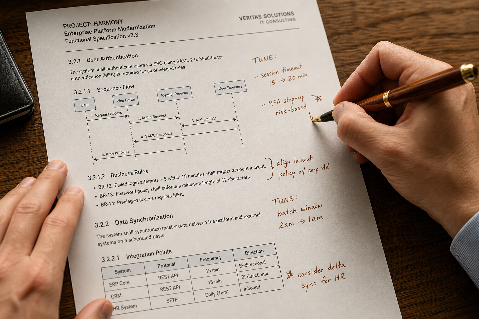 Technical specification review with tuning marks on enterprise software documentation