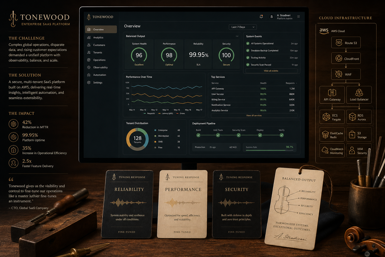 Enterprise SaaS platform dashboard with balanced output metrics